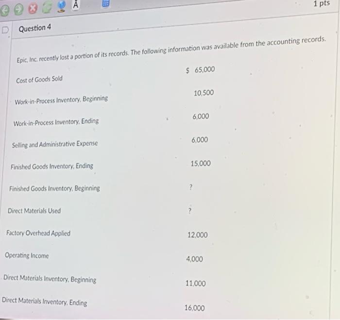  . 1 pts D Question 4 Epic, Inc recently lost a