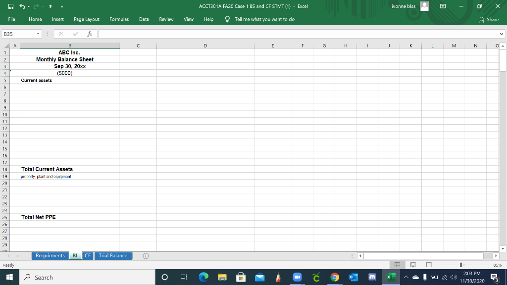ACCT301A FA20 Case 1 BS and CF STMT (1) - Excel ivonne