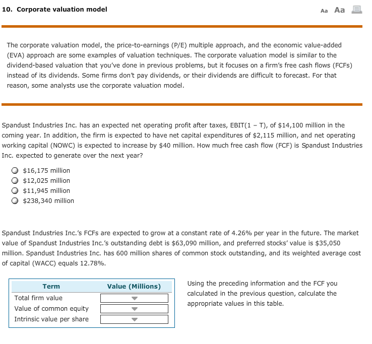  10. Corporate valuation model Aa Aa The corporate valuation model, the