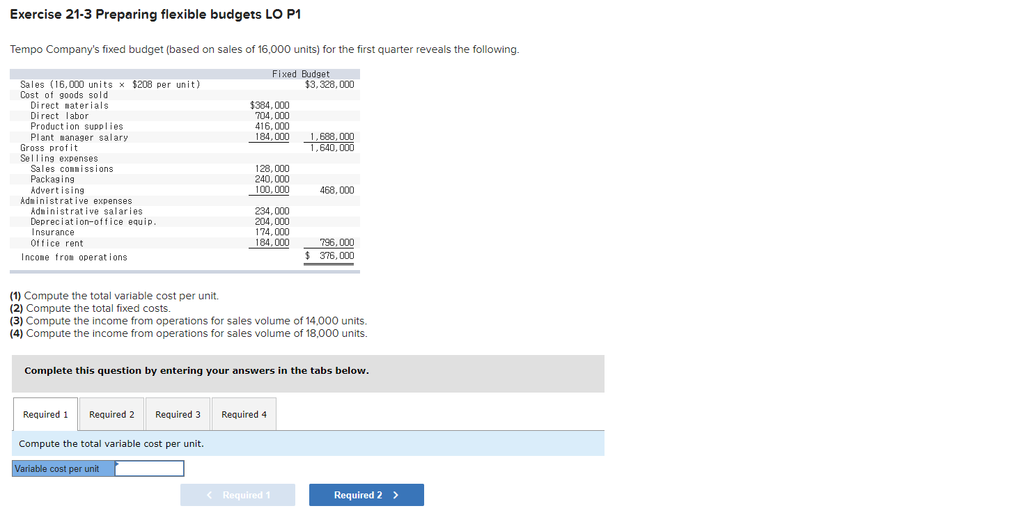 Exercise 21-3 Preparing flexible budgets LO P1 Tempo Company's fixed budget