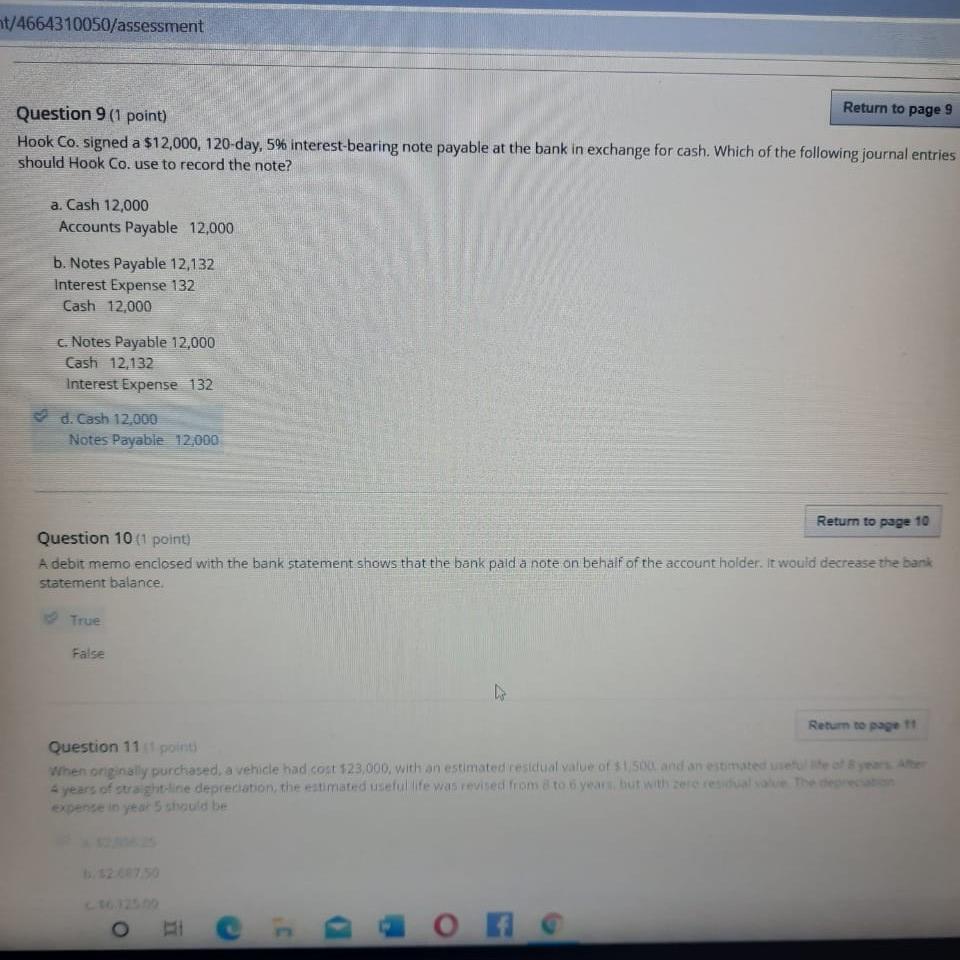 t/4664310050/assessment Return to page 9 Question 9 (1 point) Hook Co.