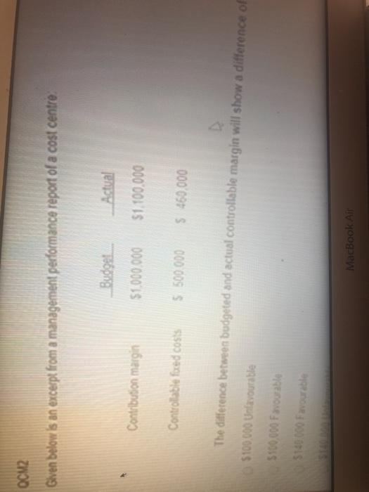  OCM2 Given below is an excerpt from a management performance report