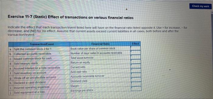  Check my work Exercise 11-7 (Static) Effect of transactions on various