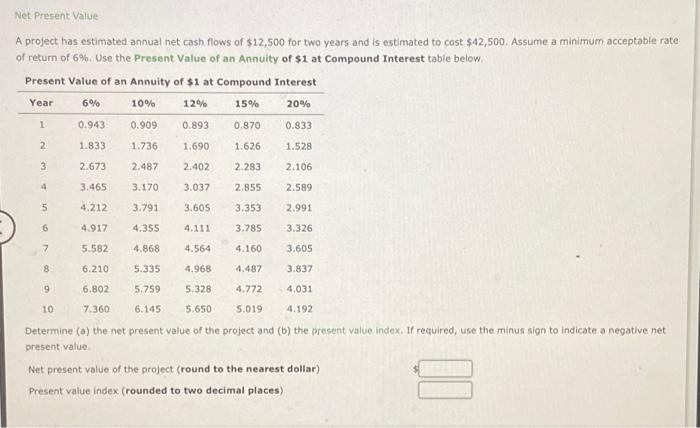  Net Present Value A project has estimated annual net cash flows