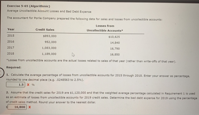  Exercise 5-65 (Algorithmic) Average Uncollectible Account Losses and Bad Debt Expense