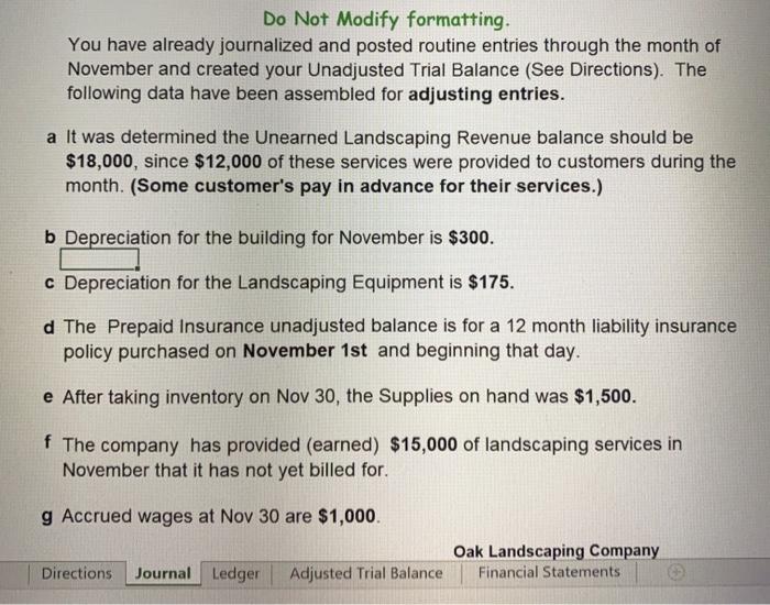 the month of November Income Statement Statement of Owner's Equity Balance Sheet