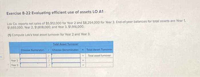 answer soon Exercise 8-22 Evaluating efficient use of assets LO A1 Lok