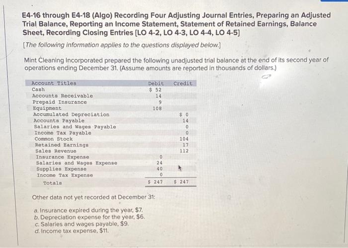  E4-16 through E4-18 (Algo) Recording Four Adjusting Journal Entries, Preparing an