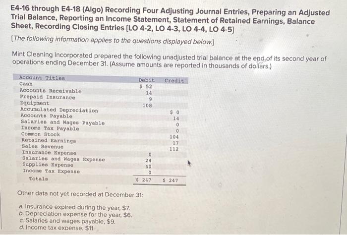  E4-16 through E4-18 (Algo) Recording Four Adjusting Journal Entries, Preparing an
