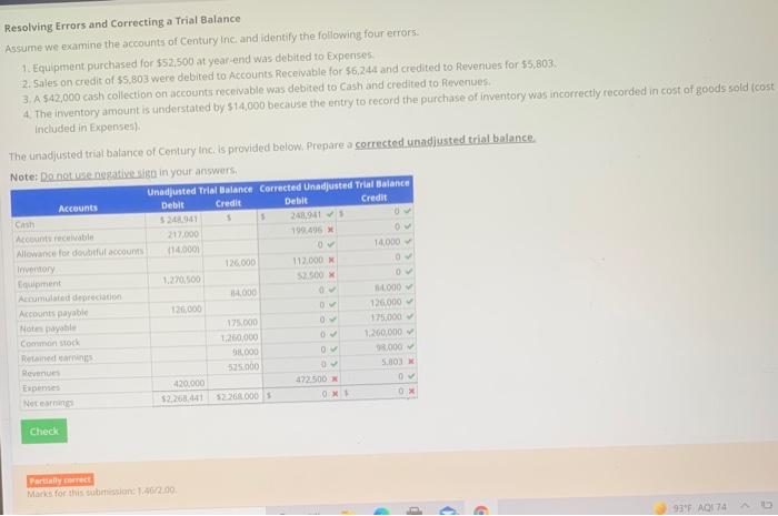  Resolving Errors and Correcting a Trial Balance Assume we examine the