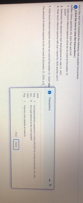  Joy's Bar and Grill completed the following note payable transactions (Click