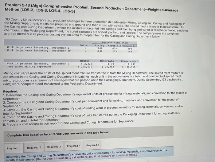  Problem 5-13 (Algo) Comprehensive Problem; Second Production Department-Weighted-Average Method [LO5-2, LO5-3,