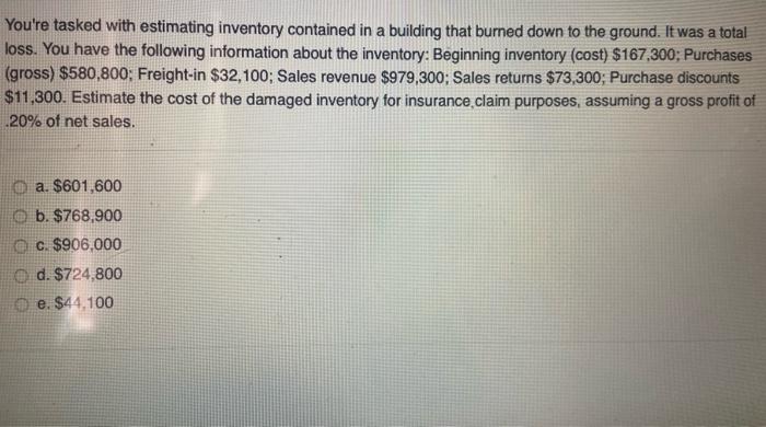  You're tasked with estimating inventory contained in a building that burned