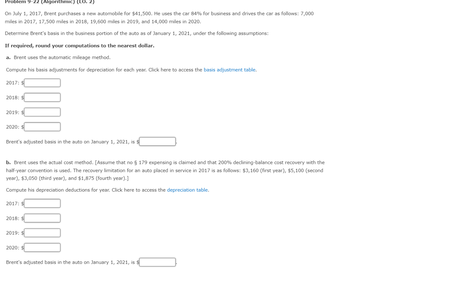 Problem 9-22 (Algorithmic) (LO. 2) On July 1, 2017, Brent purchases