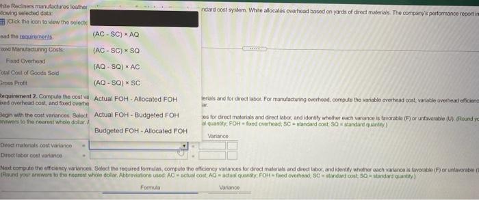 each) (980 recliners x $490 each) Variable Manufacturing Costs: Direct Materials (6,000