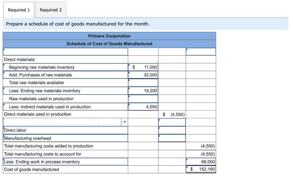 data concerning last month's manufacturing operations. Primare Corporation has provided the following