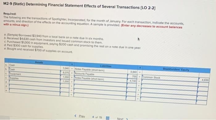  M2-9 (Static) Determining Financial Statement Effects of Several Transactions (LO 2-2]