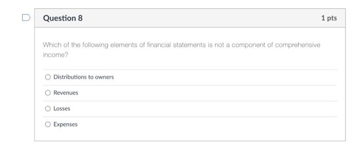 1 pts Stockholders' equity is not affected by all Cash receipts Dividends