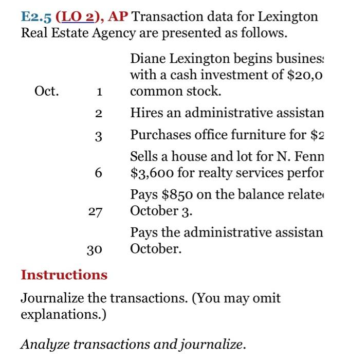  1 2 E2.5 (LO 2), AP Transaction data for Lexington Real