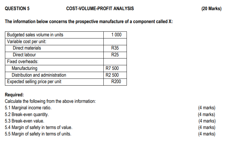  QUESTION 5 COST-VOLUME-PROFIT ANALYSIS (20 Marks) The information below concerns the