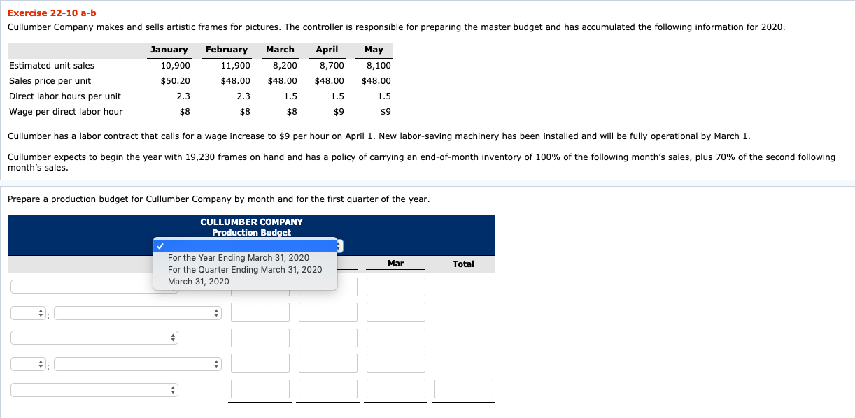 Exercise 22-10 a-b Cullumber Company makes and sells artistic frames for