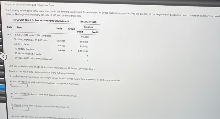 please help me with this question. thank you Costs per Equivalent Unit