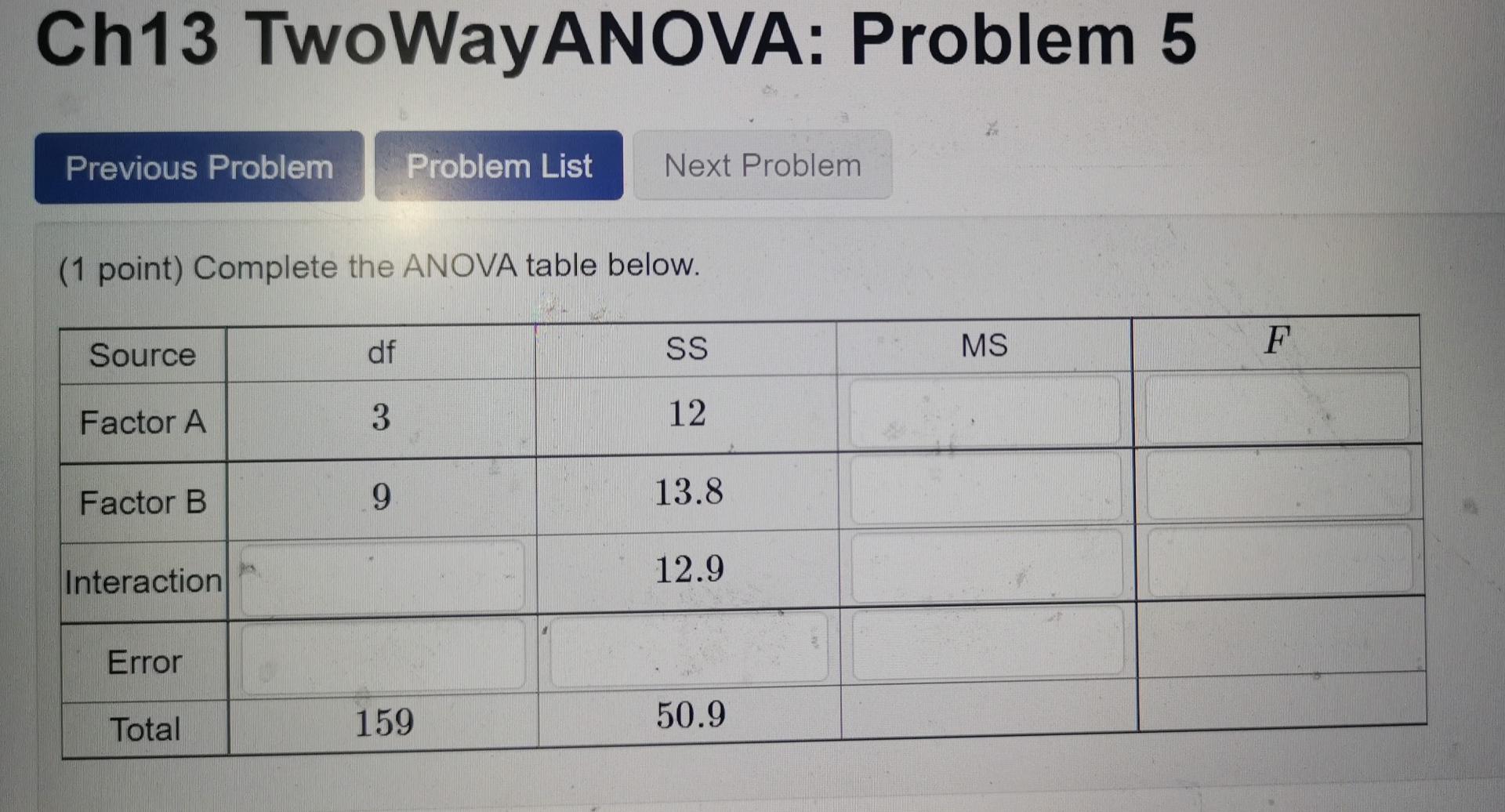 Ch13 TwoWay ANOVA: Problem 5 Previous Problem Problem List Next Problem