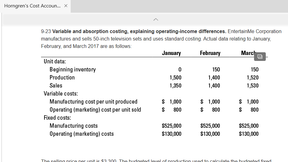 9-23 Variable and absorption costing, explaining operating-income differences. EntertainMe Corporation manufactures and