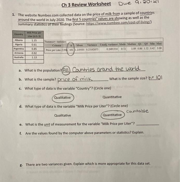  Ch 3 Review Worksheet Due 9 1. The website Numbeo.com collected