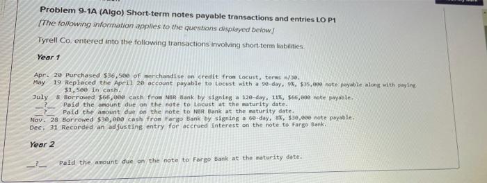 prob 2 Problem 9-1A (Algo) Short-term notes payable transactions and entries LO
