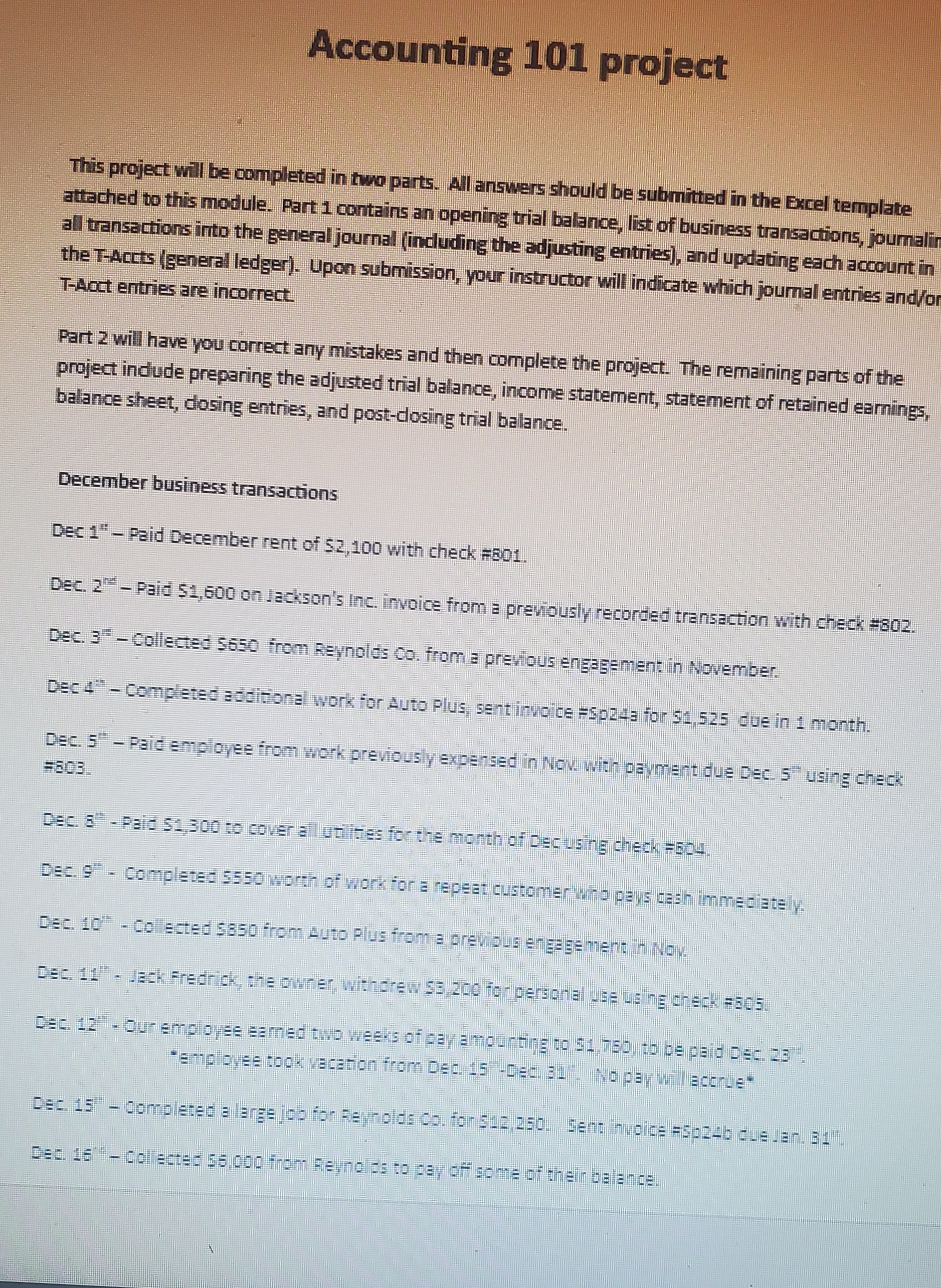  Accounting 101 project This project will be completed in two parts.