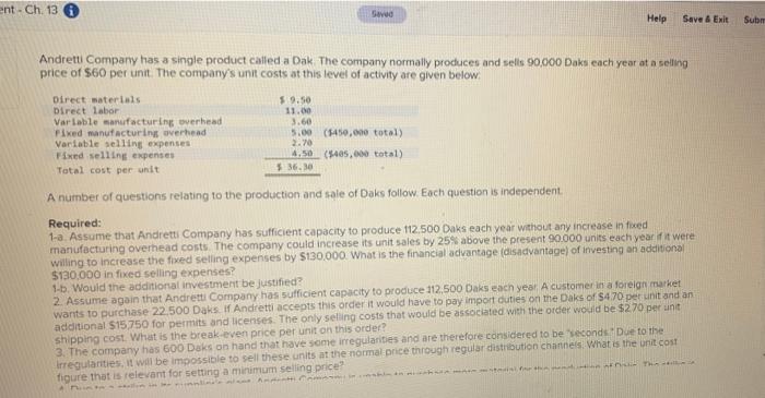 ent. Ch. 13 Saved Help Save 6 Exit Sub Andretti Company