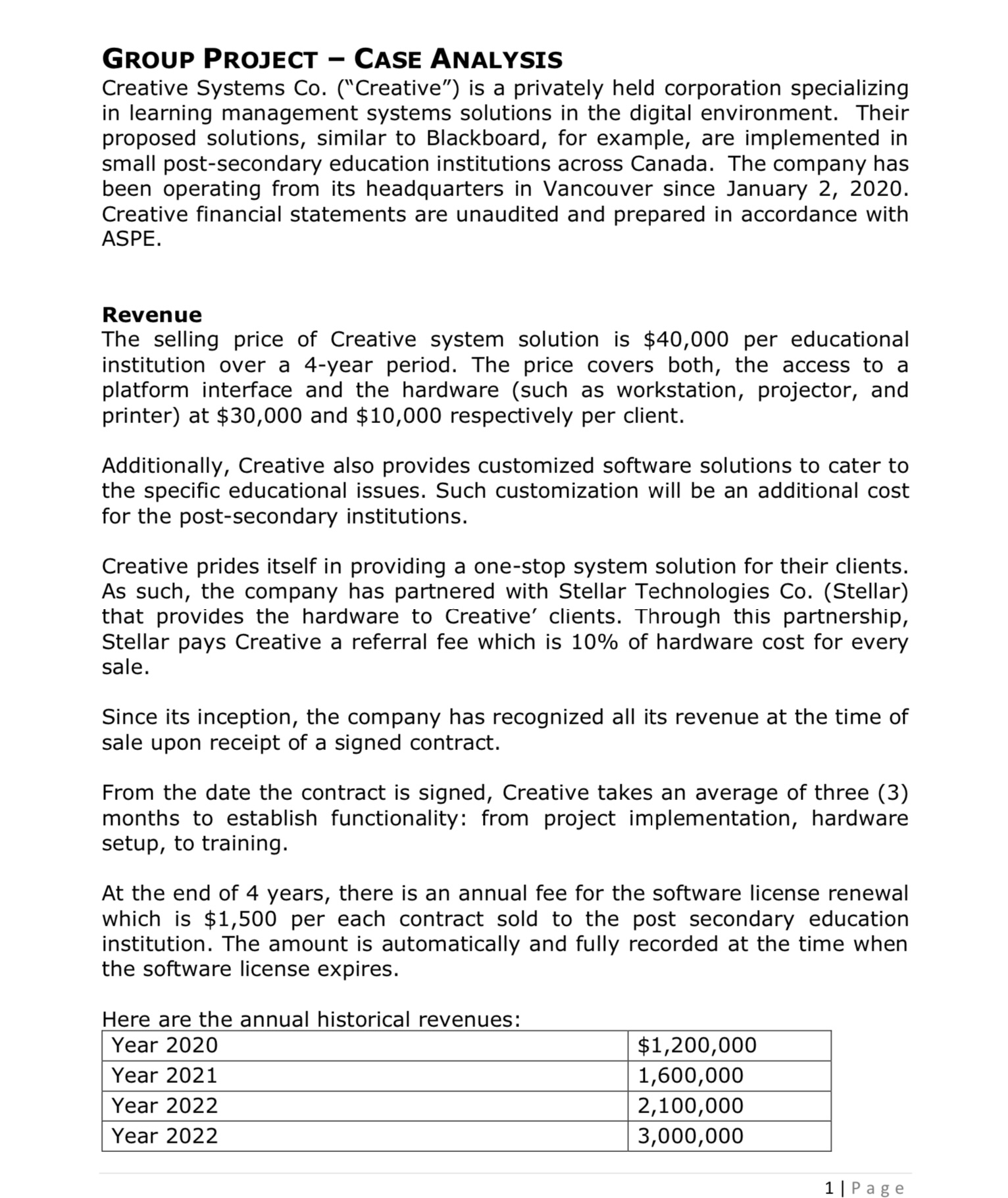  GROUP PROJECT CASE ANALYSIS Creative Systems Co.(Creative) is a privately held