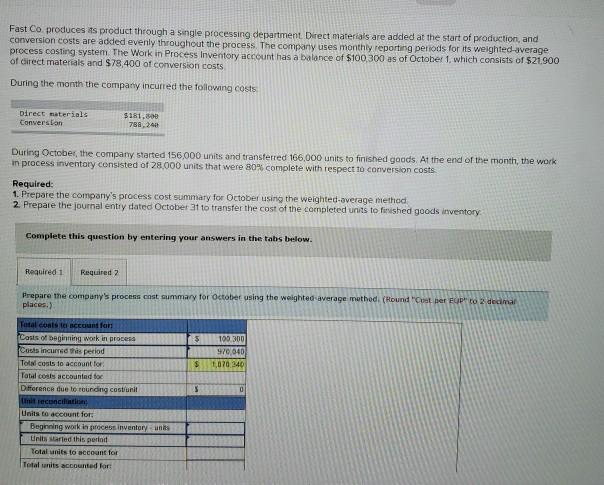  Fast Co produces its product through a single processing department Direct