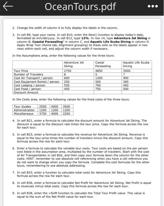 the Worksheet A. Enter the title (Ocean Adventure Tours) in cell A3.