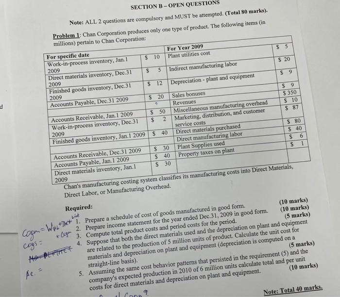  S9 d Na SECTION B-OPEN QUESTIONS Note: ALL 2 questions are