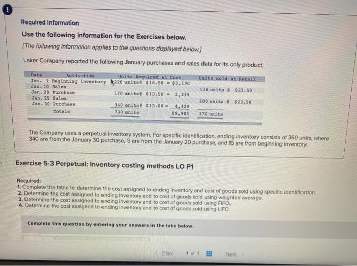  Required information Use the following information for the Exercises below. [The
