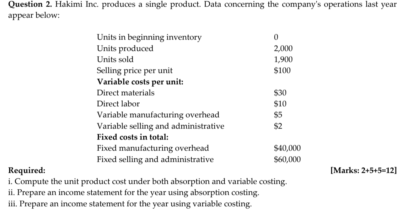  Question 2. Hakimi Inc. produces a single product. Data concerning the