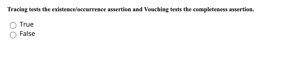  Tracing tests the existence/occurrence assertion and Vouching tests the completeness assertion.