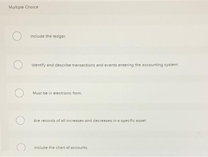 and describe transactions and events entering the accounting system Must be in