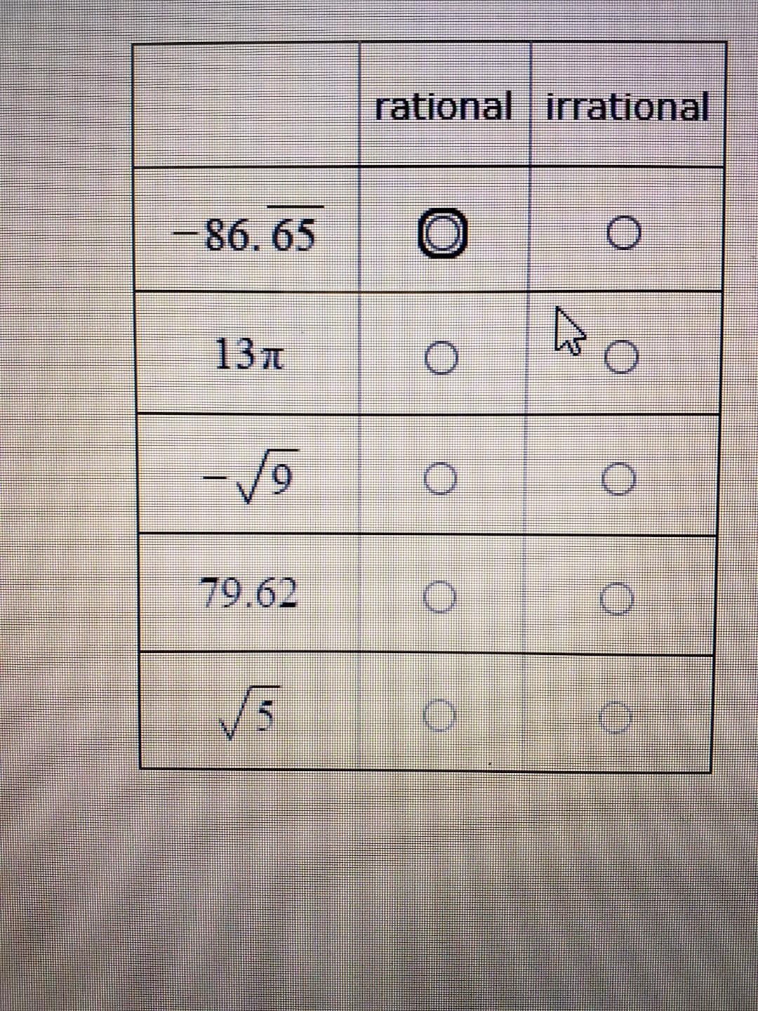 classify each number below as a rational number or an irrational number