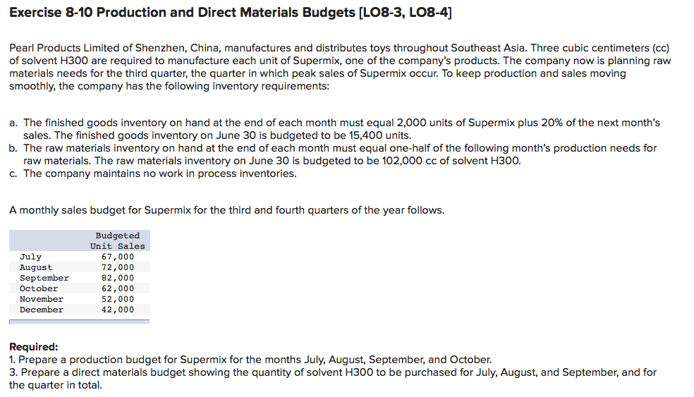 1) 2) Exercise 8-10 Production and Direct Materials Budgets (LO8-3, LO8-4] Pearl