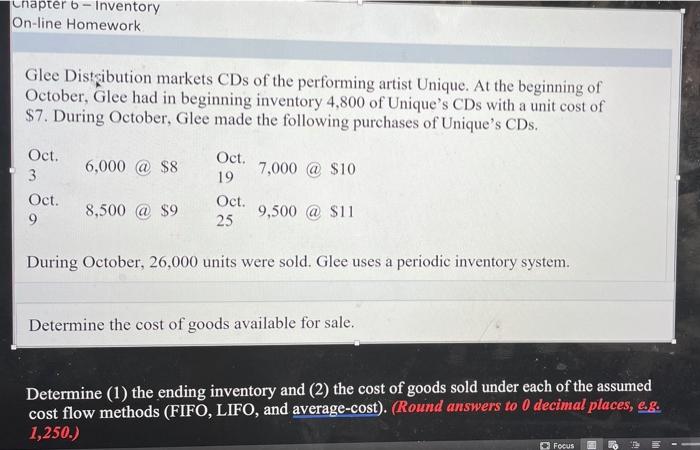  Chapter 6 - Inventory On-line Homework Glee Distsibution markets CDs of