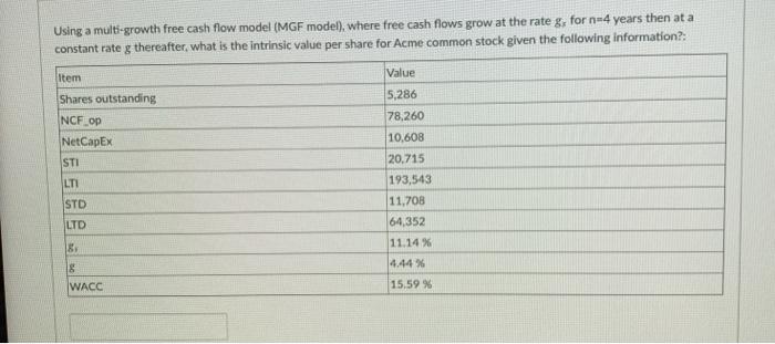  Using a multi-growth free cash flow model (MGF model), where free