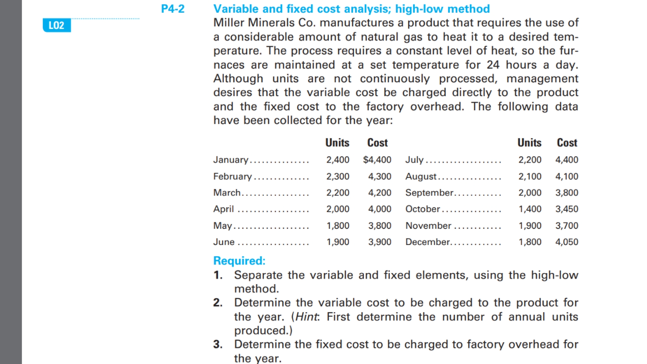 Resolve using this format: 1. High-low method Units Cost High volume Low