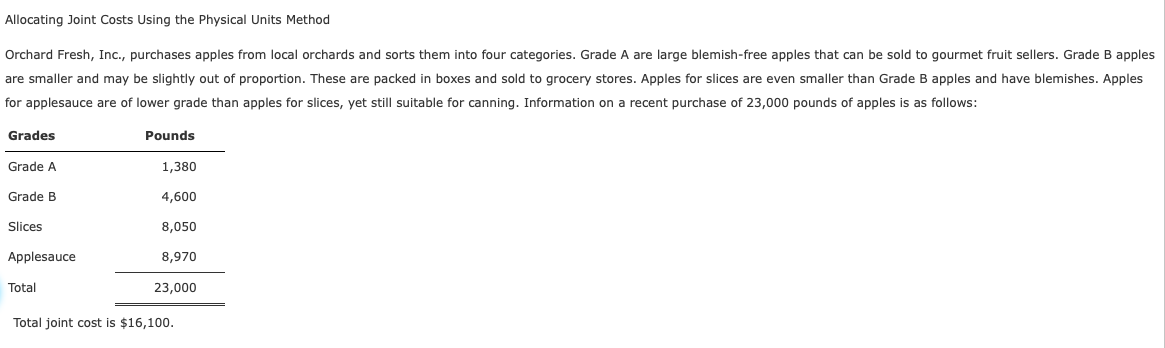 Allocating Joint Costs Using the Physical Units Method Orchard Fresh, Inc.,