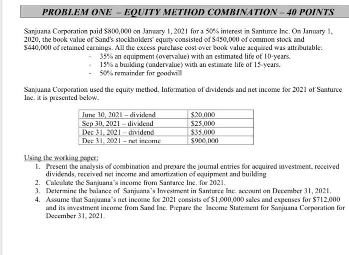  PROBLEM ONE - EQUITY METHOD COMBINATION - 40 POINTS Sanjuana Corporation