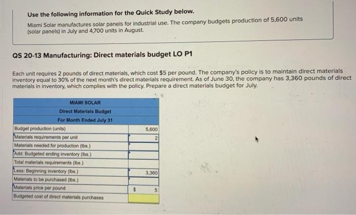  Use the following information for the Quick Study below. Miami Solar