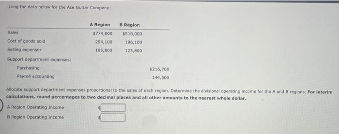  Using the data below for the Ace Guitar Company: A Region