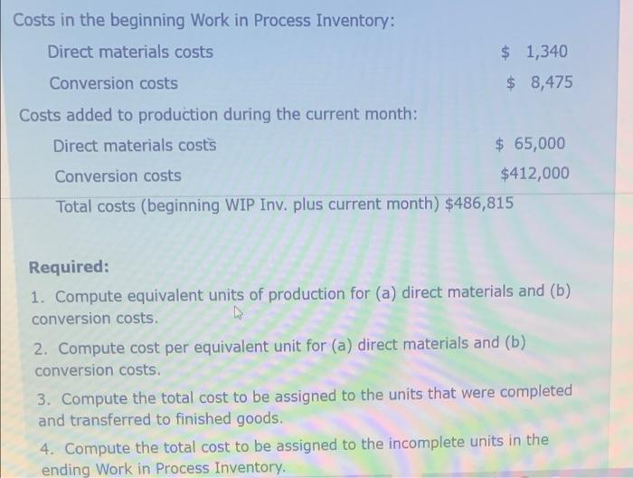 system. The following data relates to the process operations of the company